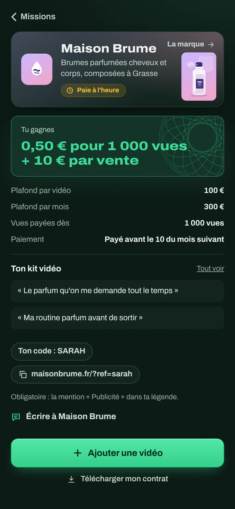 Détail d'une mission : tarif, plafonds, kit vidéo et code promo