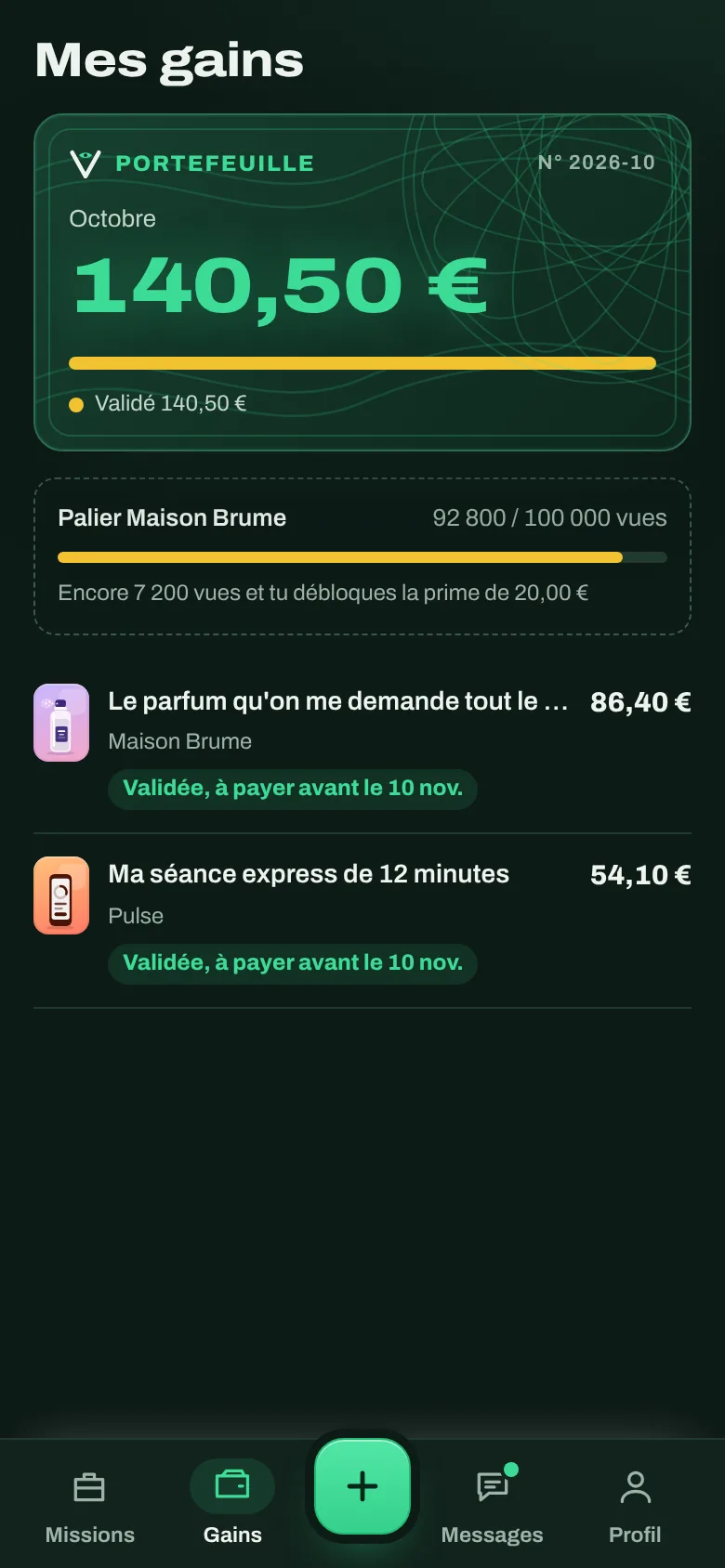Gains du créateur avec statut payé ou en attente