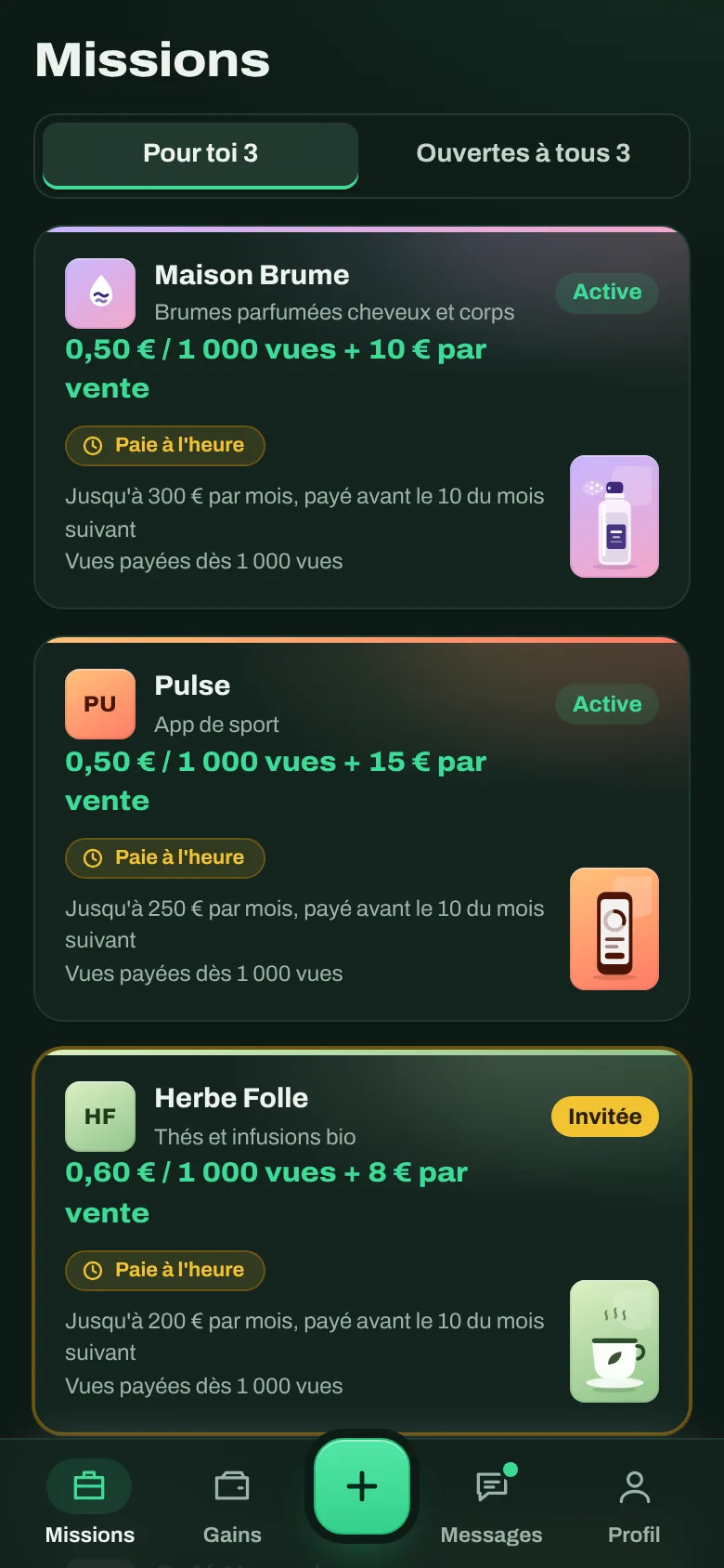 Liste des missions côté créateur