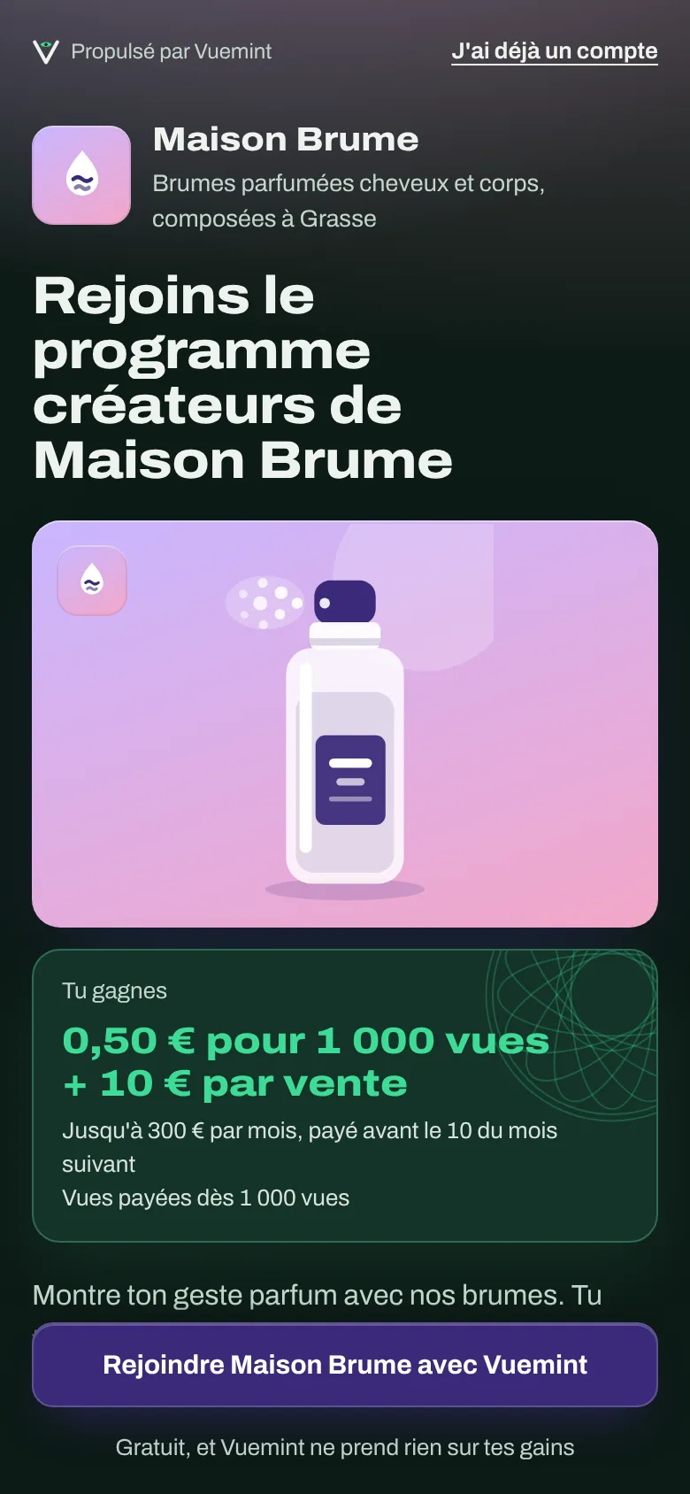 Page de recrutement d'une marque avec son tarif
