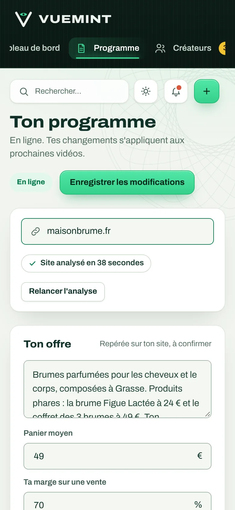 Programme généré depuis le site de la marque, sur téléphone