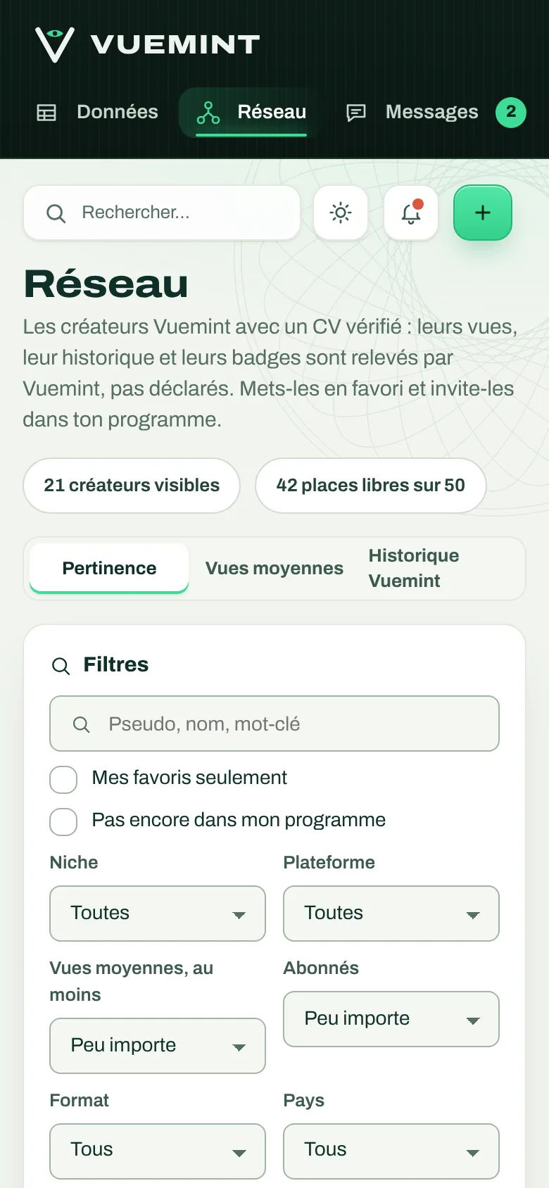Réseau de créateurs sur téléphone, avec les filtres