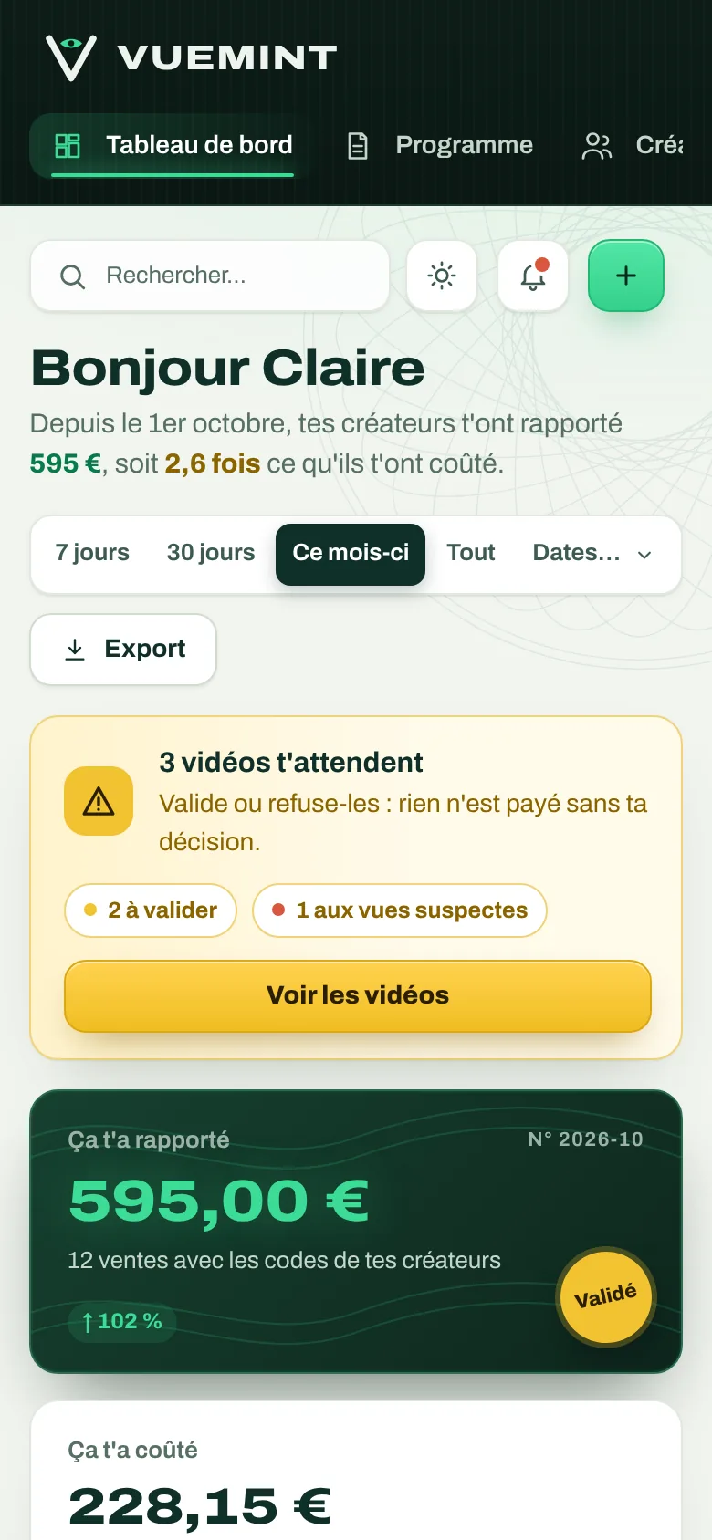 Tableau de bord sur téléphone : 595 € rapportés, 228,15 € de coût