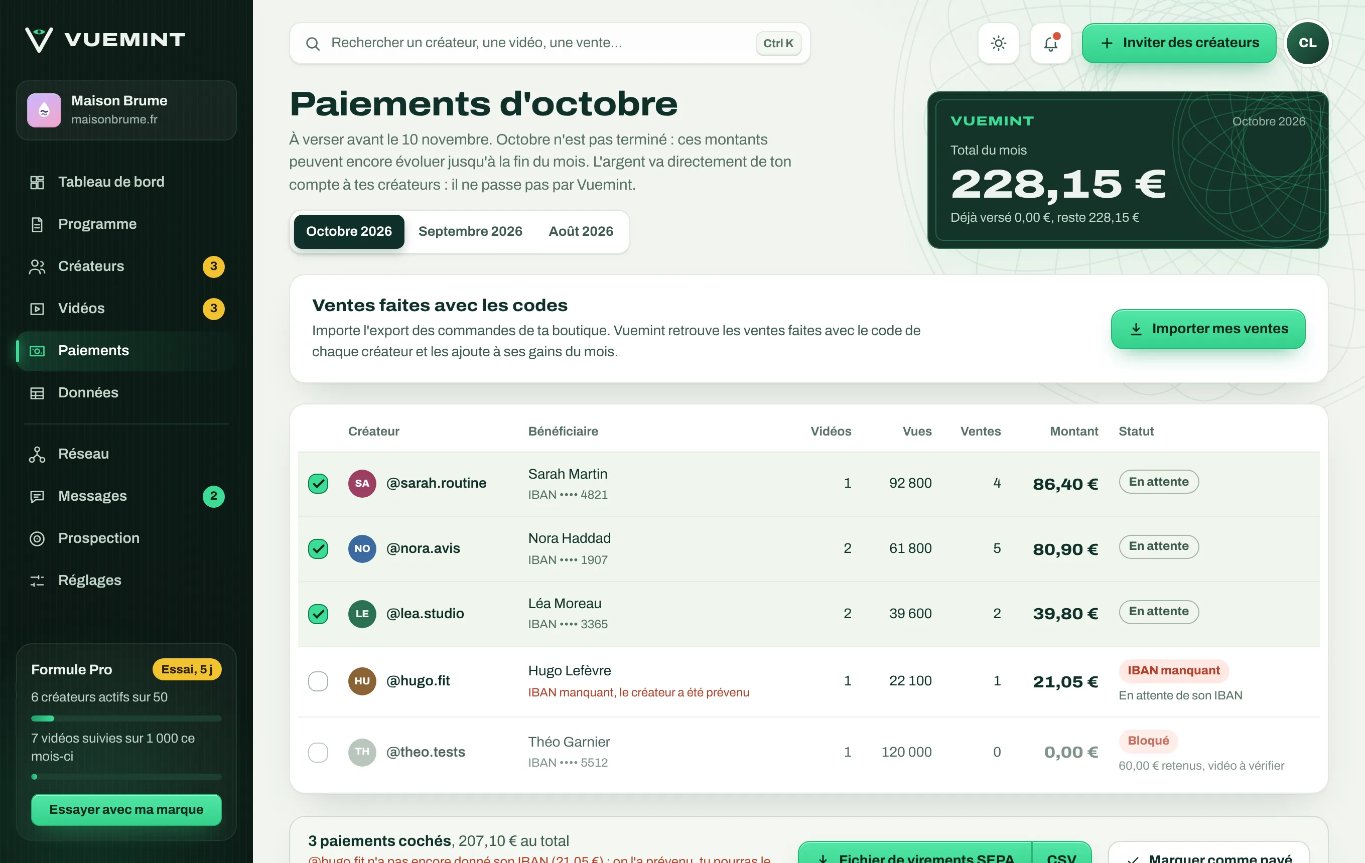 Paiements du mois par créateur avec IBAN masqué et statuts