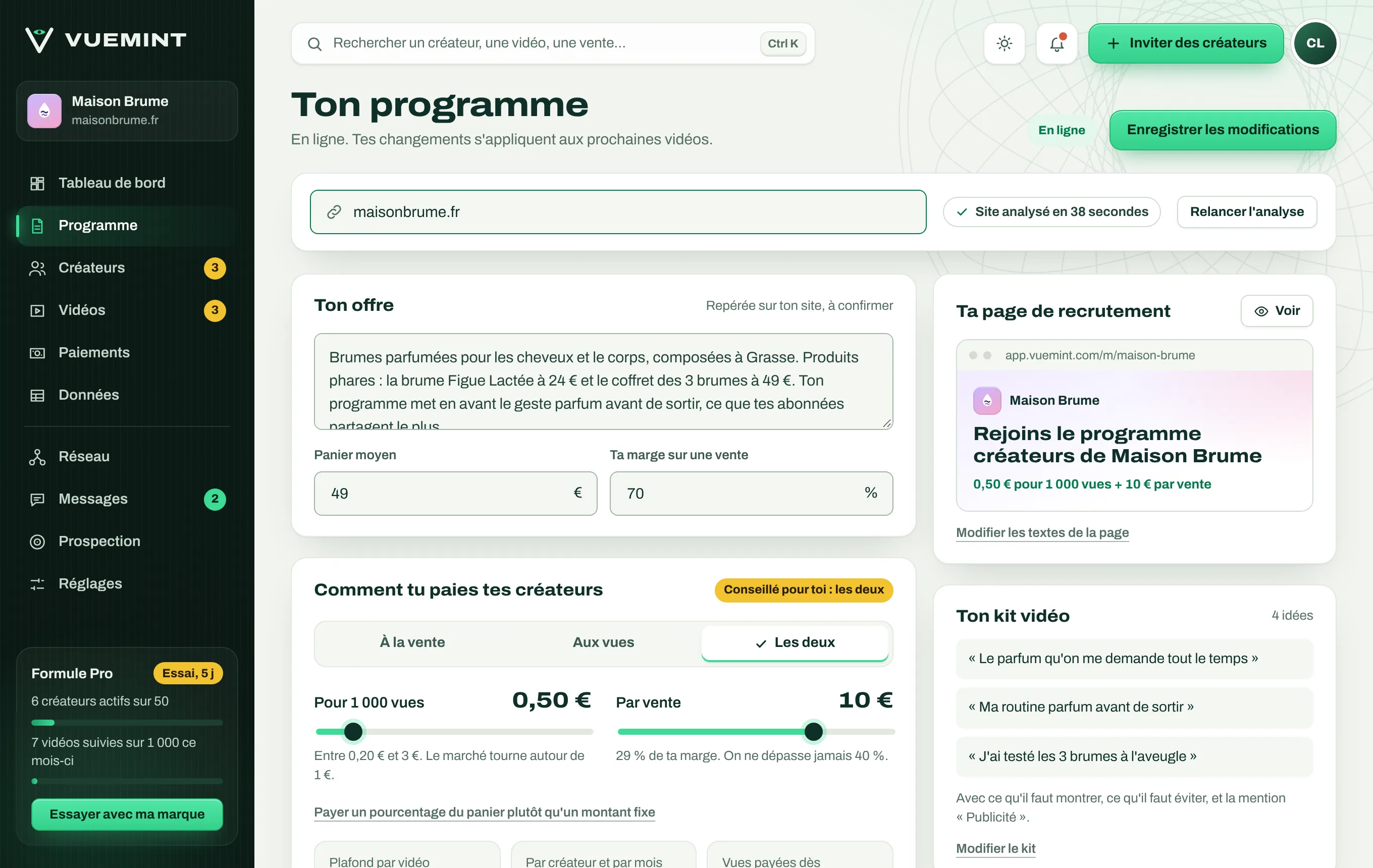 Programme généré à partir du site de la marque, avec le tarif conseillé