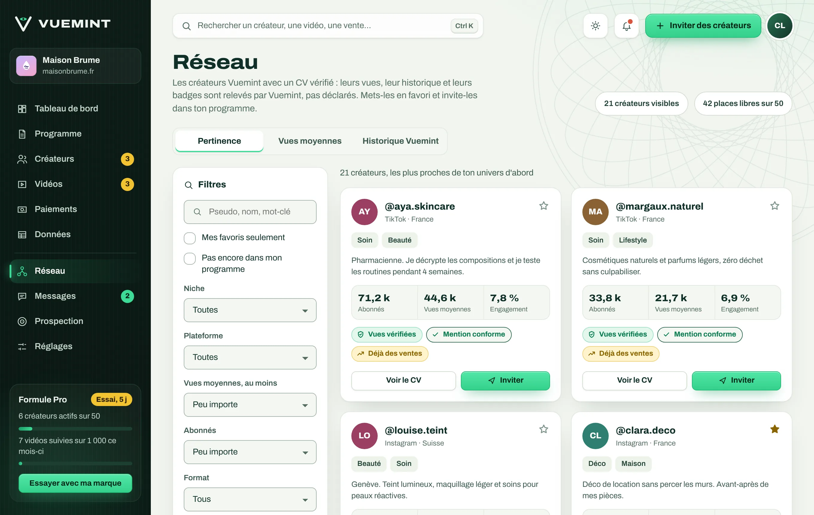 Réseau de créateurs avec leurs CV vérifiés, leurs vues moyennes et leur engagement